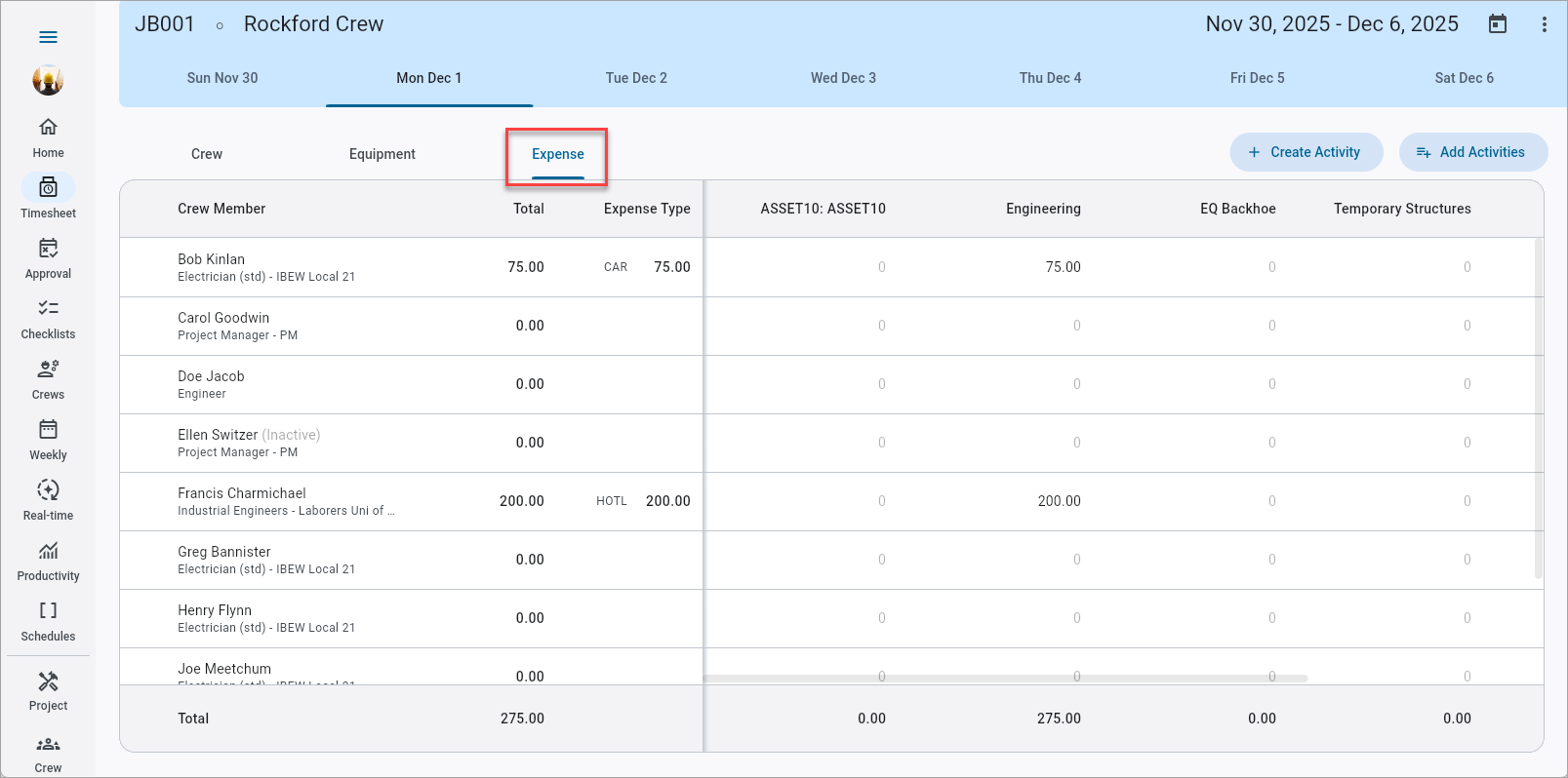 Screenshot of Expense tab.