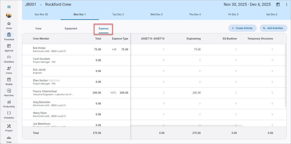 Screenshot of Expense tab.