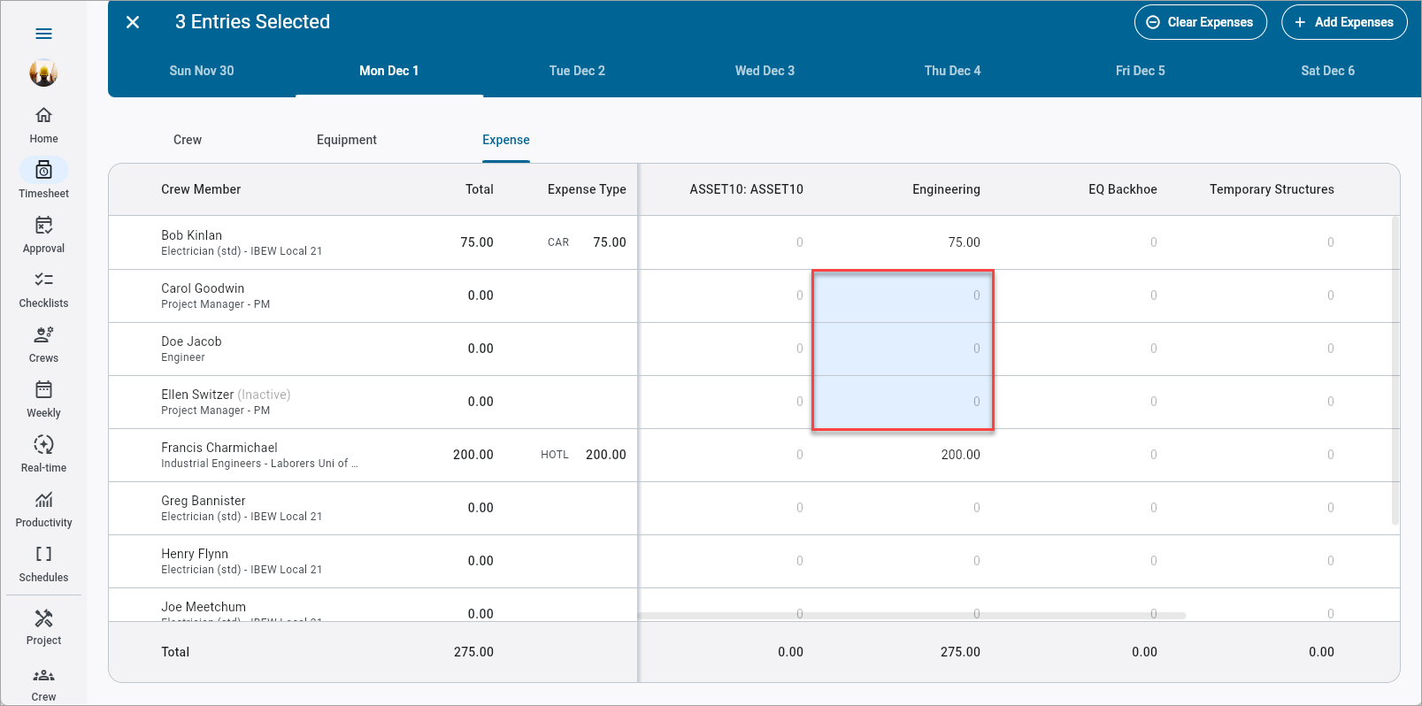 Screenshot of Expense tab with multiple cells selected.