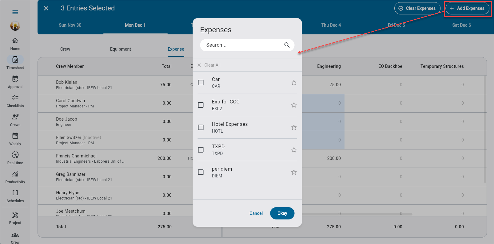Screenshot of Expenses pop-up launched from button.