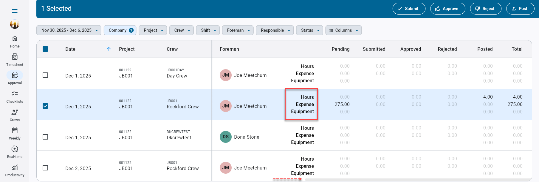 Screenshot of Timesheet Entry.