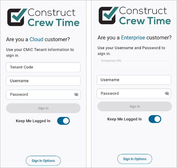 Screenshot of Login screens.