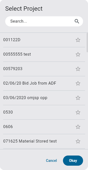Screenshot of Select Project pop-up.