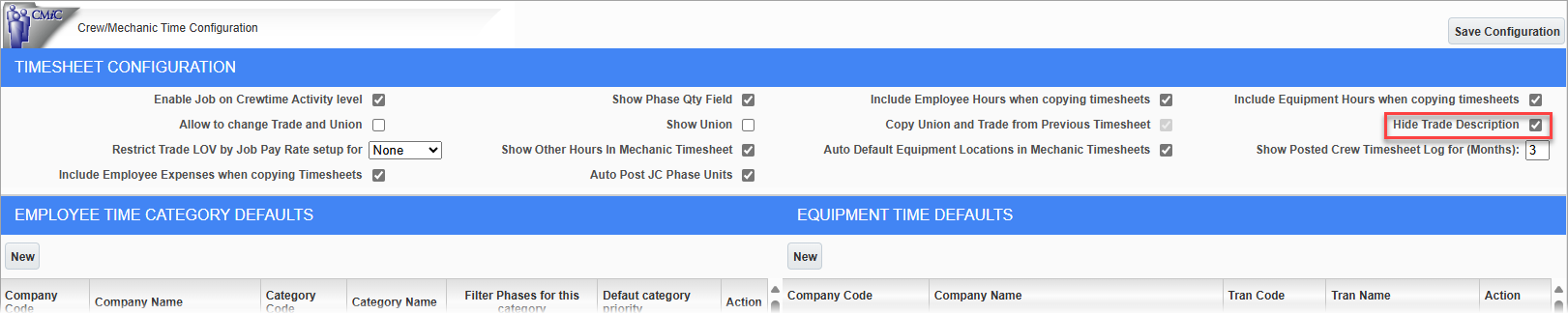 Screenshot of Crew/Mechanic Time Configuration.