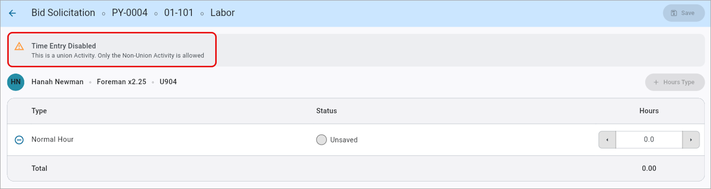 Screenshot of message alert on Time Entry.