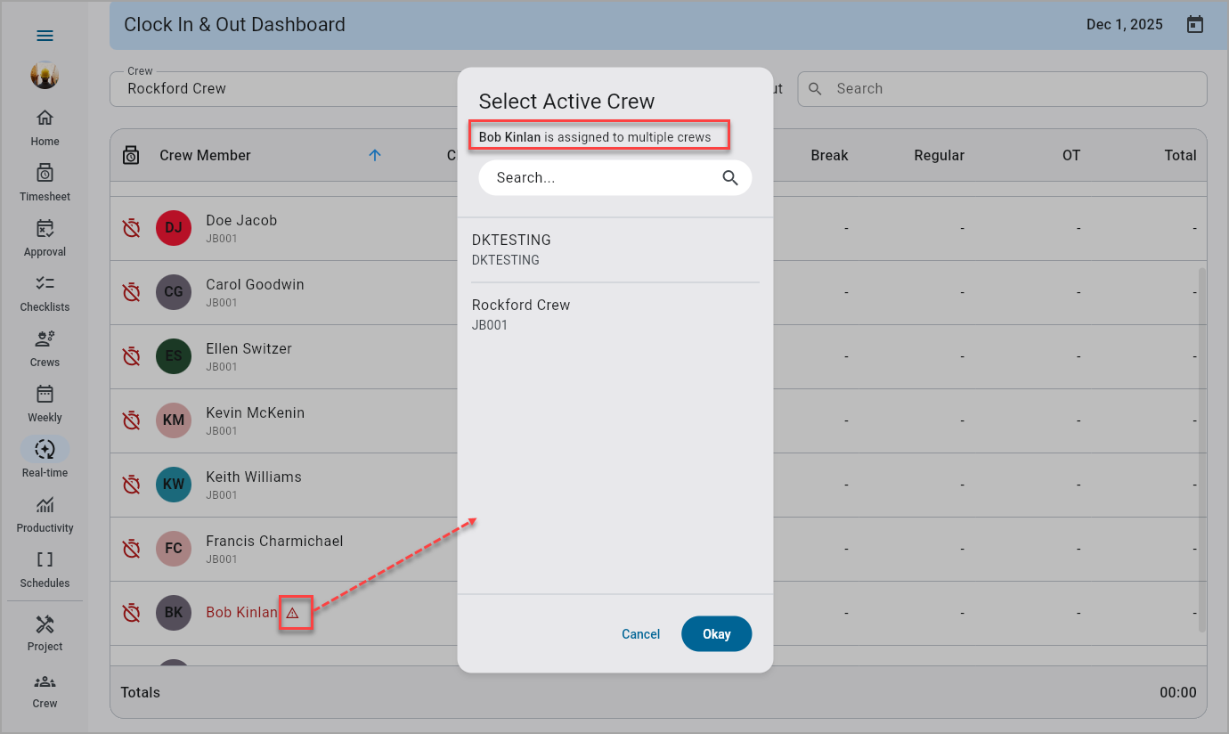 Screenshot of Real-Time Dashboard with Select Active Crews pop-up.