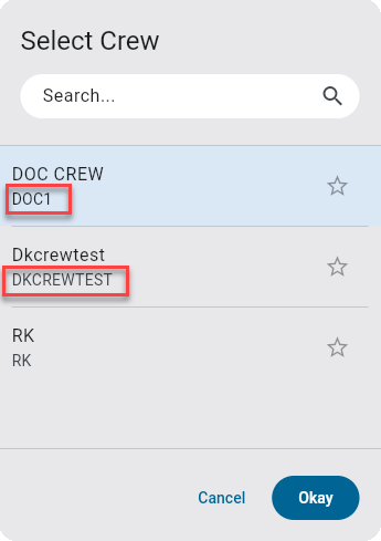 Screenshot of Select Crew pop-up with codes displayed.