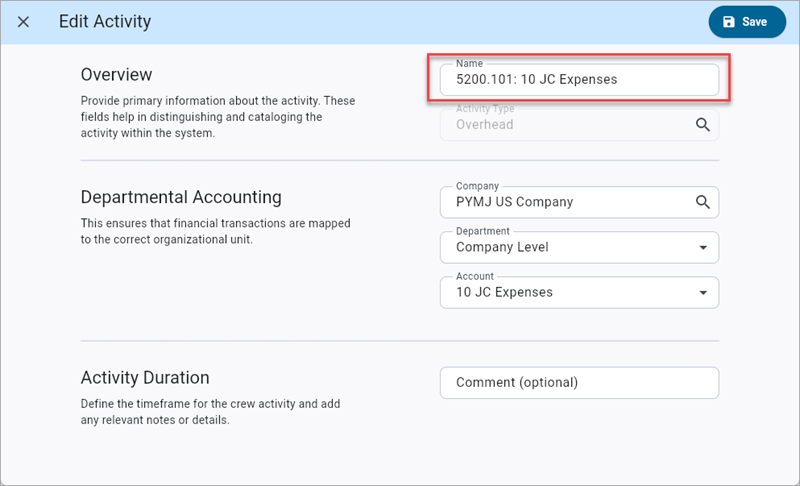 Screenshot of Edit Activity pop-up.
