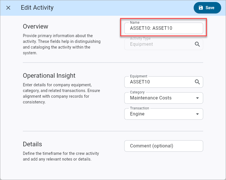 Screenshot of Edit Activity pop-up.