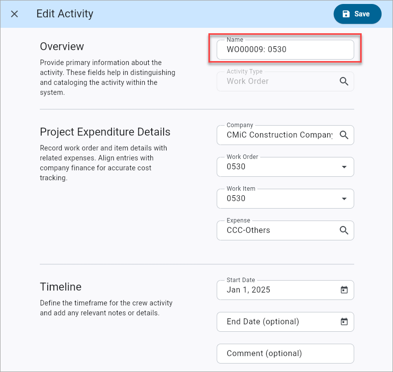 Screenshot of Edit Activity pop-up.