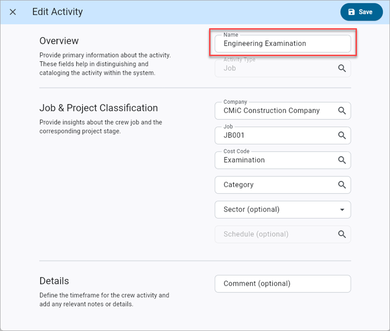 Screenshot of Edit Activity pop-up.