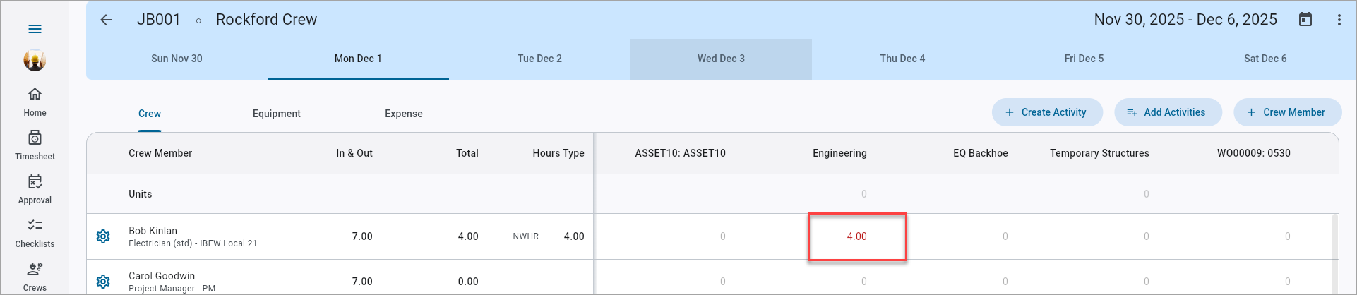 Screenshot of Timesheet Entry.