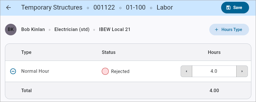 Screenshot of Hours Detail.