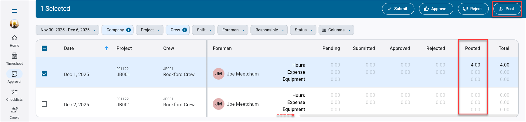 Screenshot of Timesheet Approval with fields highlighted.