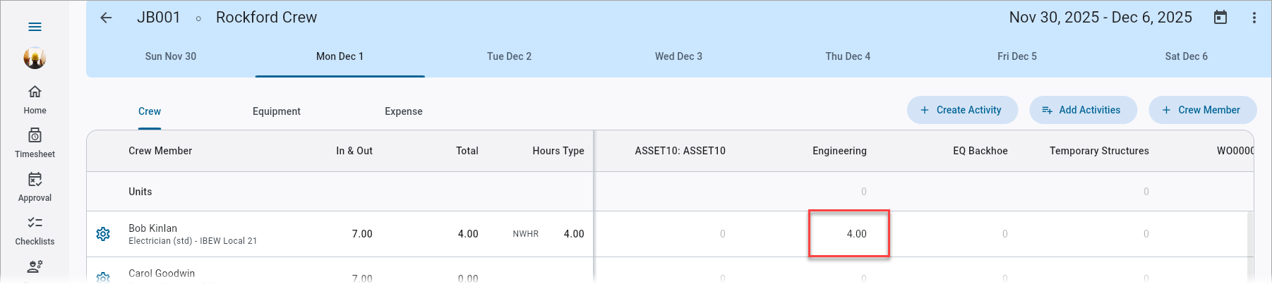 Screenshot of Timesheet Entry.