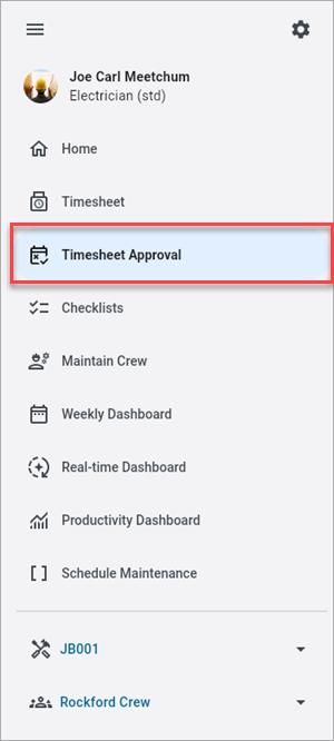 Screenshot of menu with Timesheet Approval highlighted.