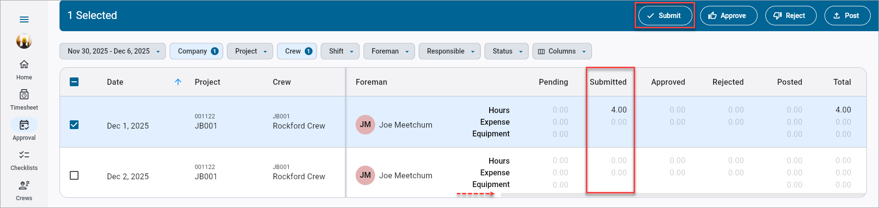 Screenshot of Timesheet Approval with fields highlighted.