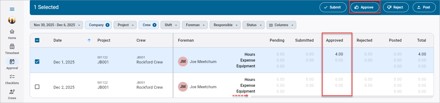 Screenshot of Timesheet Approval with fields highlighted.
