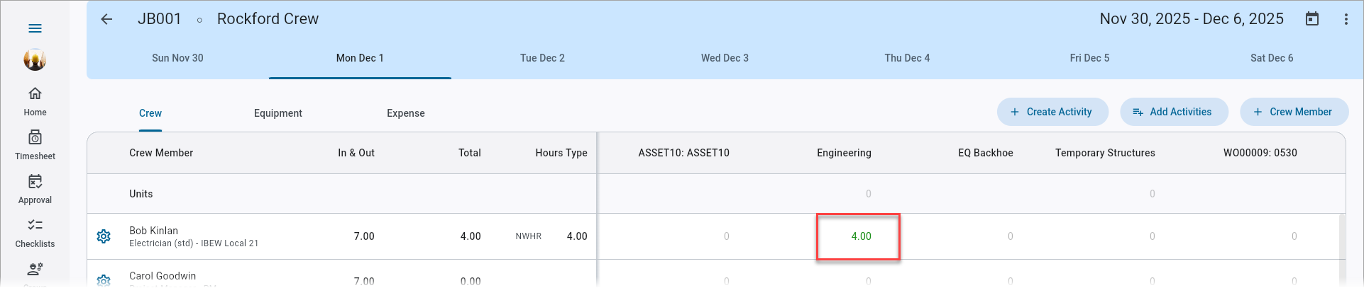 Screenshot of Timesheet Entry.