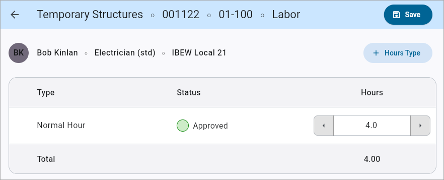 Screenshot of Hours Detail.