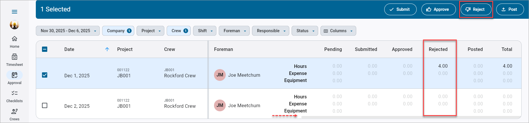 Screenshot of Timesheet Approval with fields highlighted.