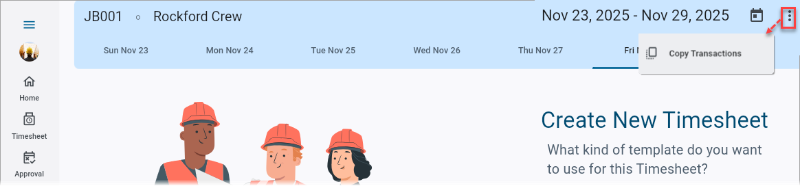 Screenshot of Timesheet Entry with Copy Transaction option launched from menu.