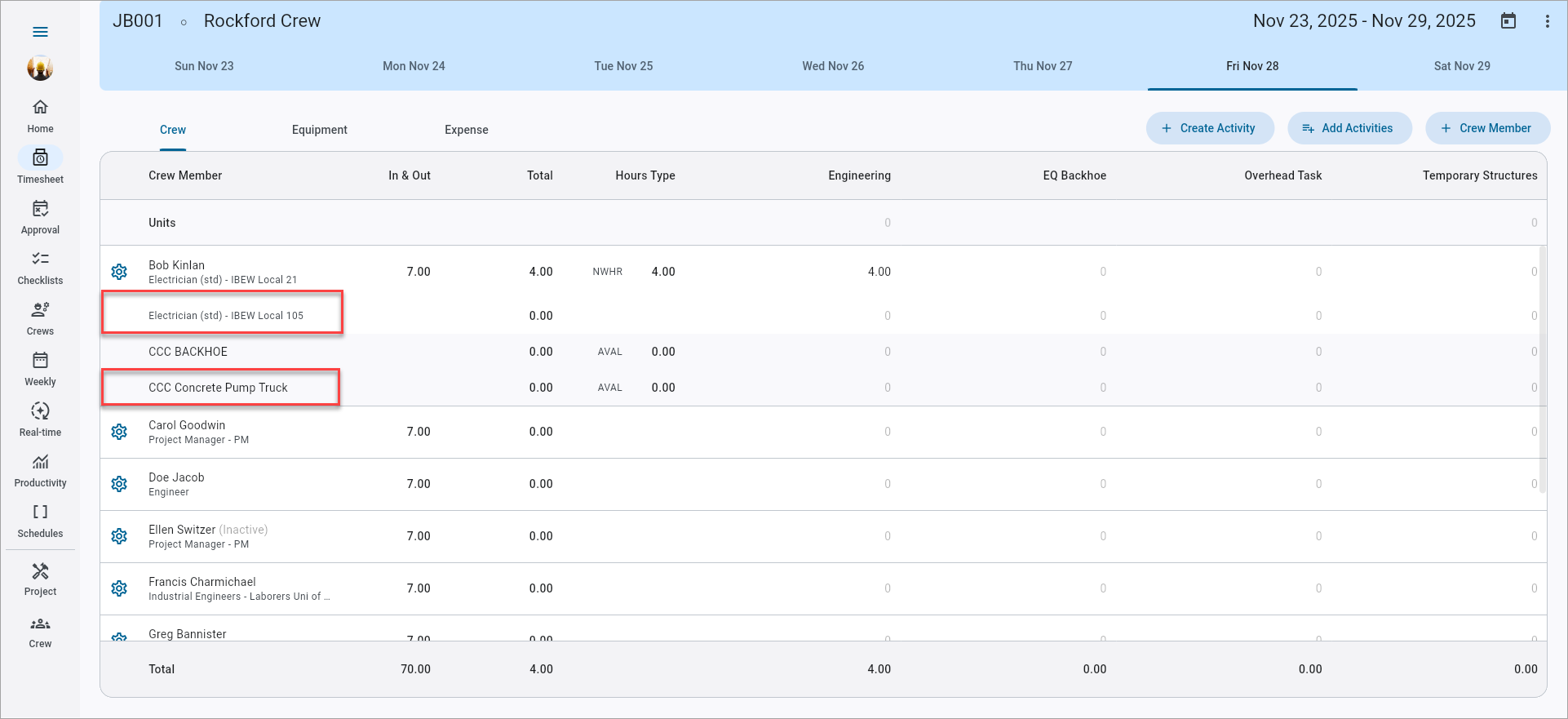 Screenshot of Timesheet Entry with rows highlighted.
