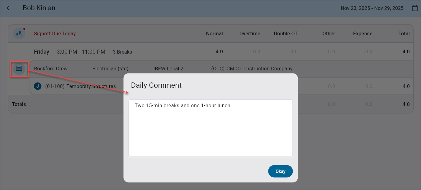 Screenshot of Daily Comment pop-up for employee.