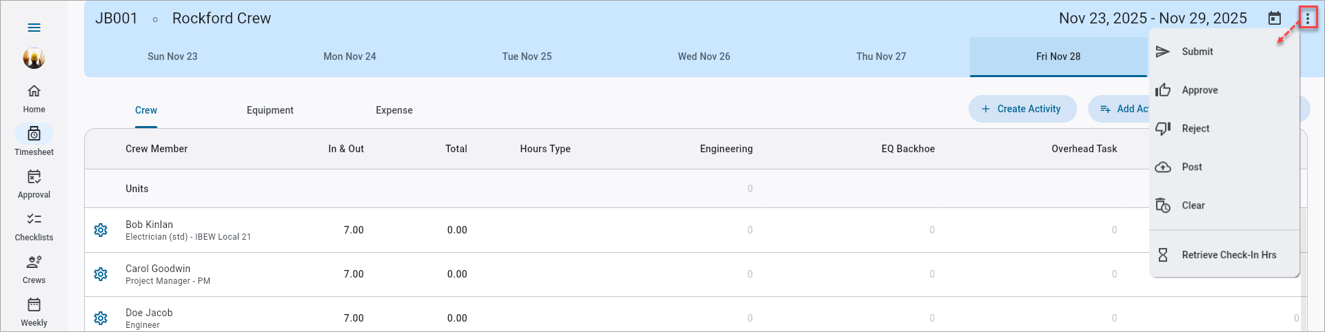Screenshot of menu launched on Timesheet Entry.