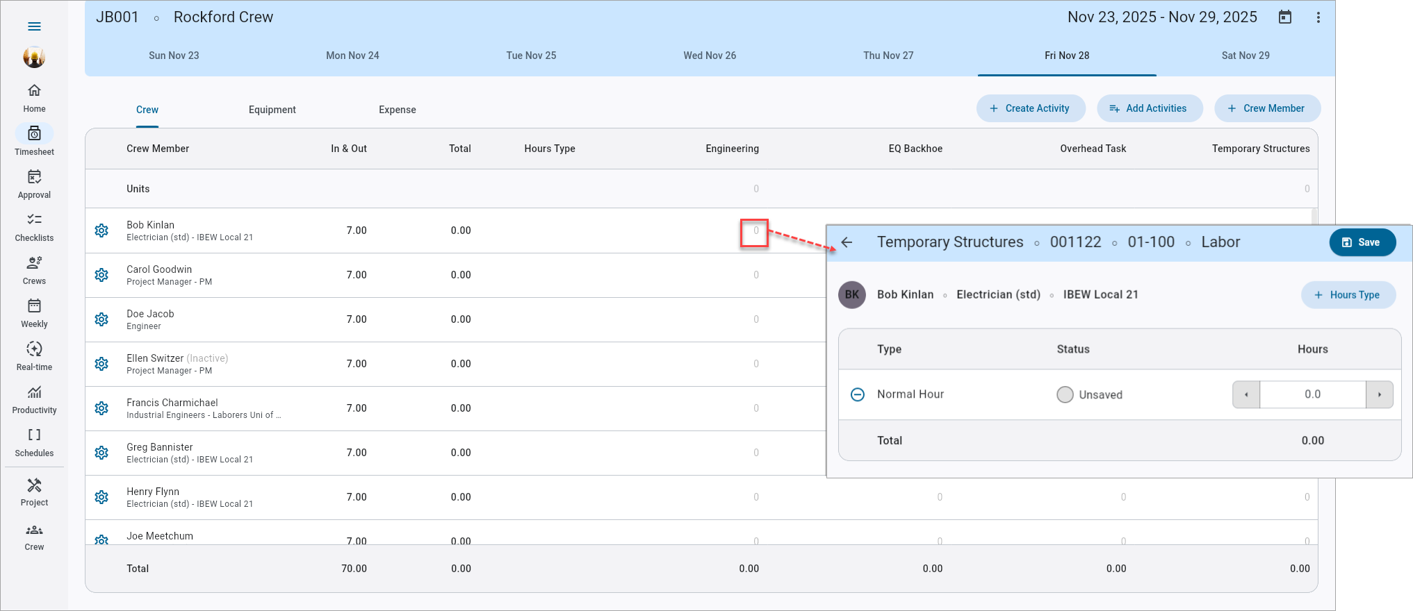 Screenshot of Timesheet Entry with pop-up launched.