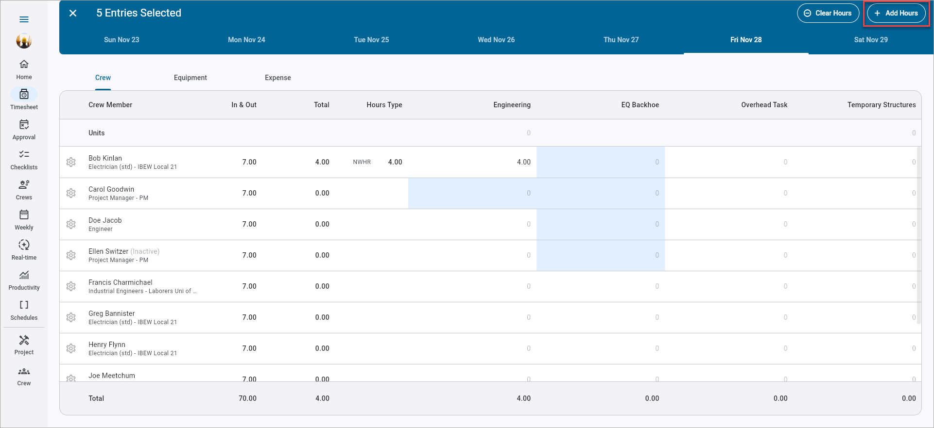 Screenshot of Timesheet Entry with bulk selection.